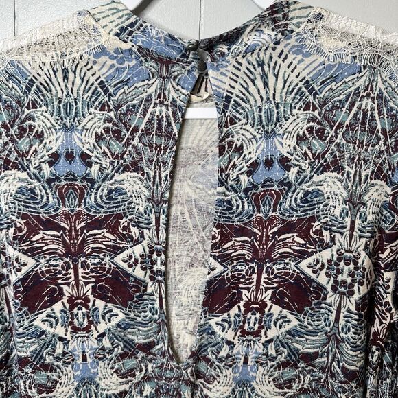 Free People Size Large Nouveau Blouse Blue Boho Top Keyhole Back Lace Faux Wrap - Picture 9 of 16